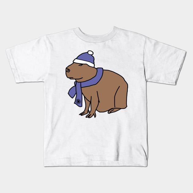 Winter Capybara Wearing Blue Hat and Scarf Kids T-Shirt by ellenhenryart
